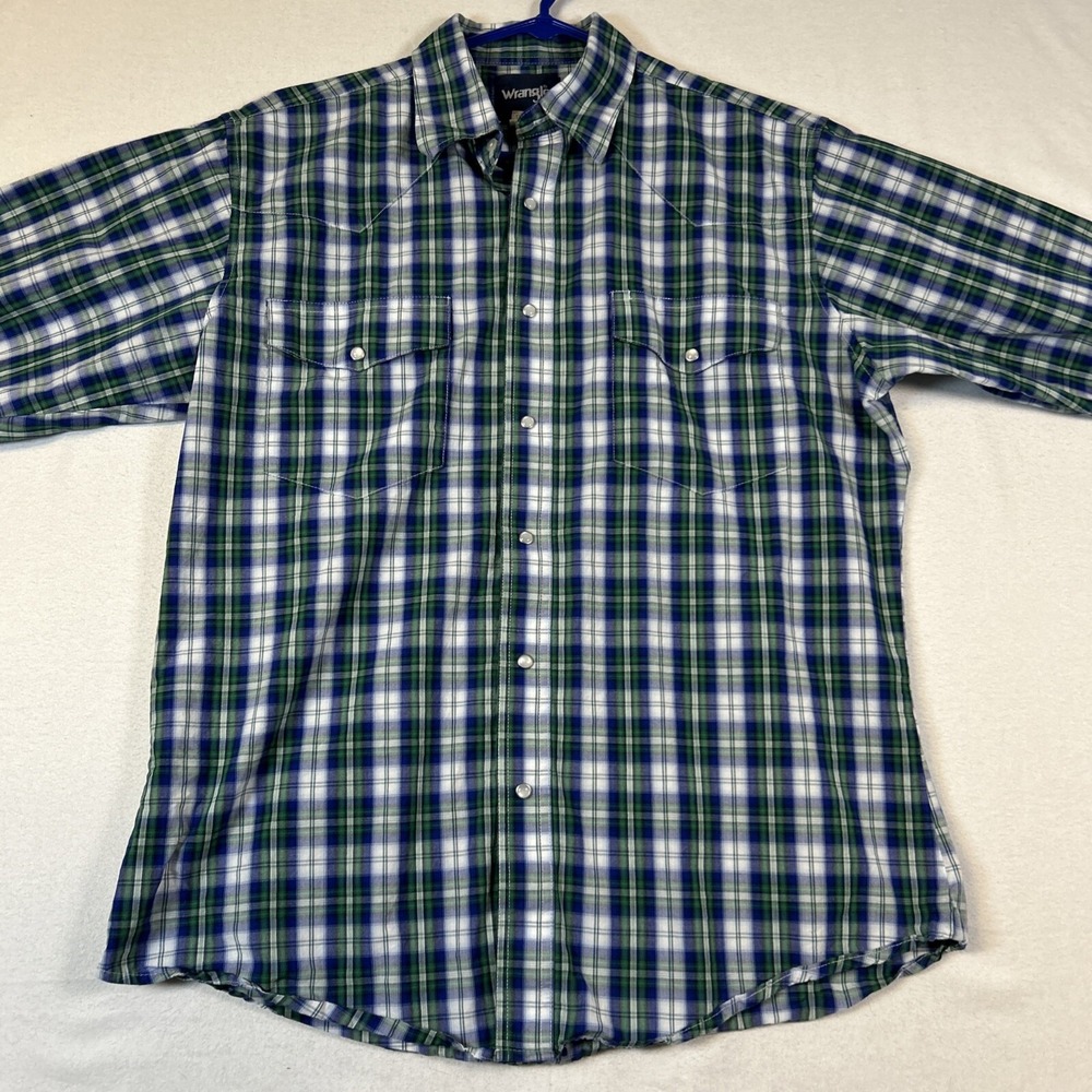 Wrangler Mens Western Snap Shirt Large Blue Green Plaid Long Sleeve MWR178M